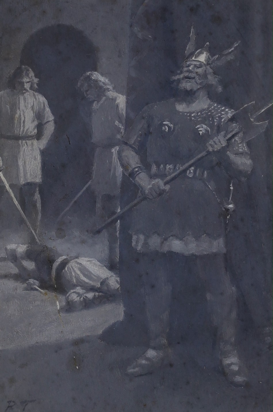Original Artwork - Percy Tarrant (1879-1930) - A set of four en grisaille illustrations for The Twenty-five Swordsmen, by Escott Lynn, signed monograms, 19 x 13cms., framed, together with a copy of the book, circa 1905 (